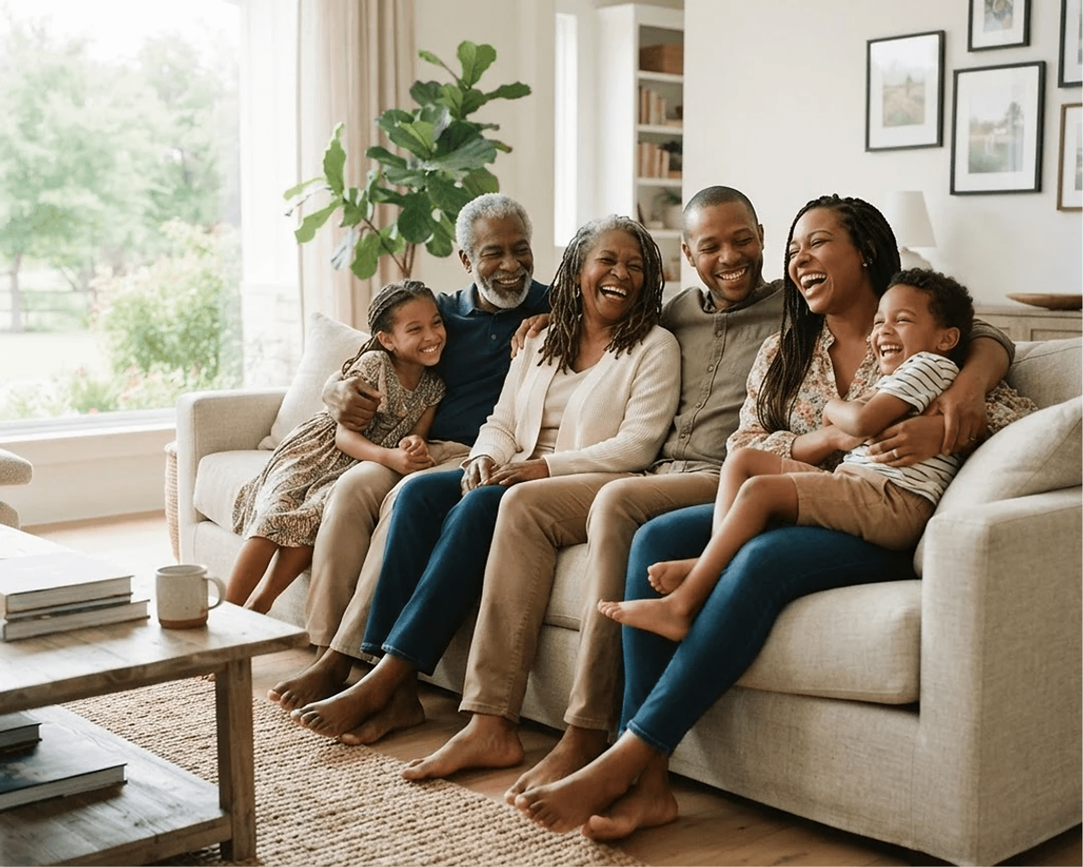 Happy family sitting on a couch together