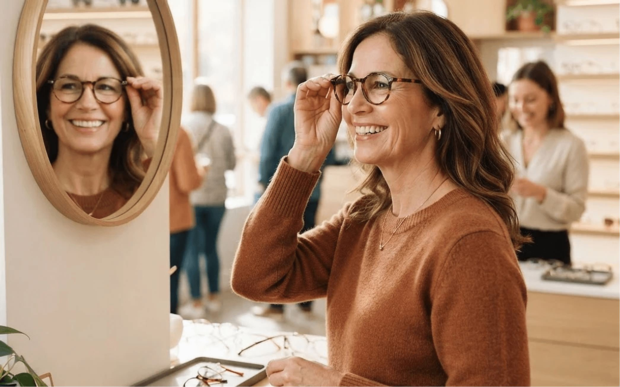 Woman trying on glasses in an optical store