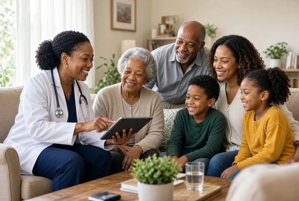A clinician showing an older woman and her family information on a tablet