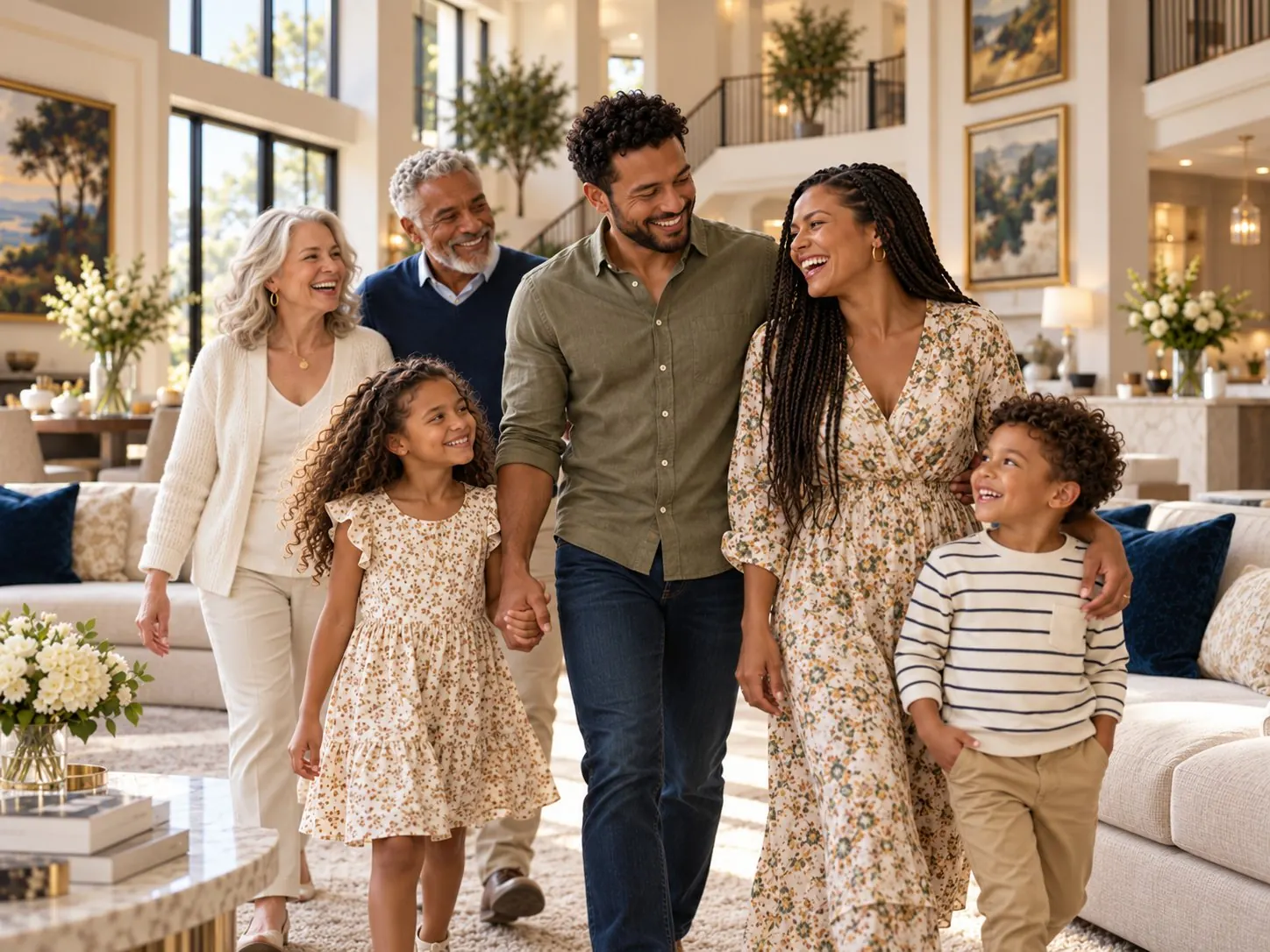 Three generations of a family walking and laughing together at home